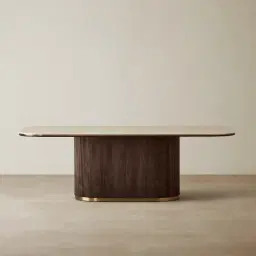 San Pierre Ebony Brown Ash Veneer Single Leg Rectangular Dining Table with Travertine Finish Sintered Stone Top - 240x120cm
