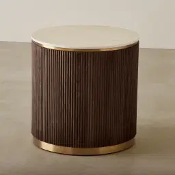 San Pierre Ebony Brown Ash Veneer Side Table with Travertine Finish Sintered Stone Top