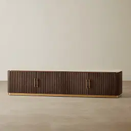 San Pierre Ebony Brown Ash Veneer Entertainment Unit with Travertine Finish Sintered Stone Top