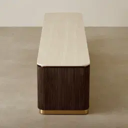 San Pierre Ebony Brown Ash Veneer Entertainment Unit with Travertine Finish Sintered Stone Top