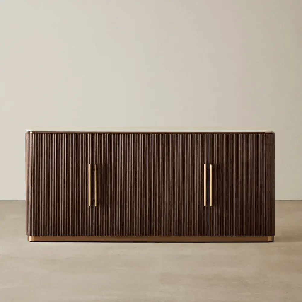 San Pierre Ebony Brown Ash Veneer Sideboard - Travertine Finish Sintered Stone Top