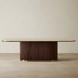 San Pierre Ebony Brown Ash Veneer Single Leg Rectangular Dining Table with Travertine Finish Sintered Stone Top - 270x120cm