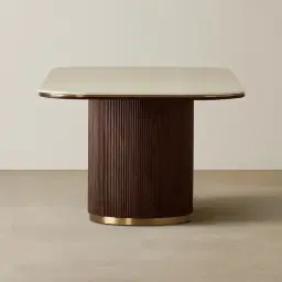 San Pierre Ebony Brown Ash Veneer Single Leg Rectangular Dining Table with Travertine Finish Sintered Stone Top - 270x120cm