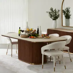 San Pierre Walnut Veneer Single Leg Rectangular Dining Table with Travertine Finish Sintered Stone Top - 270x120cm