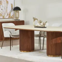 San Pierre Walnut Veneer Two-Leg Rectangular Dining Table with Travertine Finish Sintered Stone Top - 200x110cm