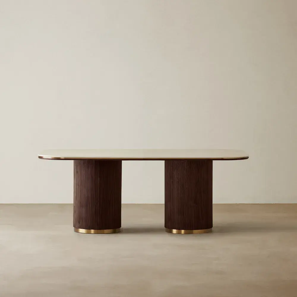 San Pierre Ebony Brown Ash Veneer Dining Table - Two Legs - Travertine Finish Sintered Stone Top 200x110cm