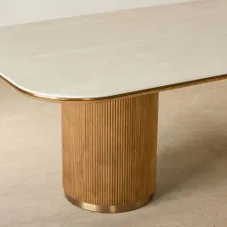 San Pierre Light Brown Ash Veneer Two-Leg Rectangular Dining Table with Travertine Finish Sintered Stone Top - 200x110cm