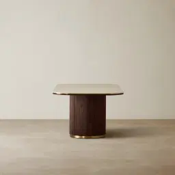 San Pierre Ebony Brown Ash Veneer Single Leg Rectangular Dining Table with Travertine Finish Sintered Stone Top - 200x110cm