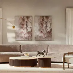 San Pierre Ebony Brown Ash Veneer High Round Coffee Table with Cream Travertine Finish Sintered Stone Top