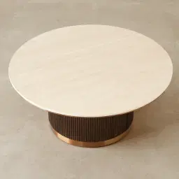 San Pierre Ebony Brown Ash Veneer High Round Coffee Table with Cream Travertine Finish Sintered Stone Top