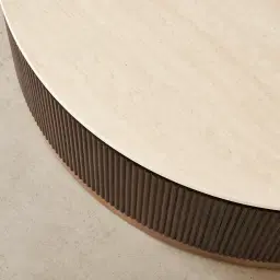 San Pierre Ebony Brown Ash Veneer Low Round Coffee Table with Cream Travertine Finish Sintered Stone Top