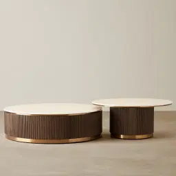 San Pierre Ebony Brown Ash Veneer Low Round Coffee Table with Cream Travertine Finish Sintered Stone Top