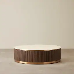 San Pierre Ebony Brown Ash Veneer Low Round Coffee Table with Cream Travertine Finish Sintered Stone Top