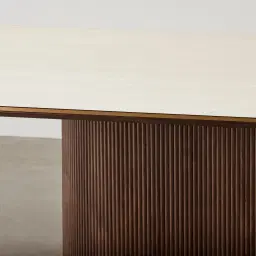 San Pierre Ebony Brown Ash Veneer Single Leg Rectangular Dining Table with Cream Travertine Finish Sintered Stone Top - 240x120cm