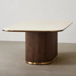San Pierre Ebony Brown Ash Veneer Single Leg Rectangular Dining Table with Cream Travertine Finish Sintered Stone Top - 240x120cm