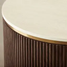 San Pierre Ebony Brown Ash Veneer Side Table with Cream Travertine Finish Sintered Stone Top
