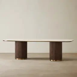 San Pierre Ebony Brown Ash Veneer Two-Leg Rectangular Dining Table with Cream Travertine Finish Sintered Stone Top - 270x120cm
