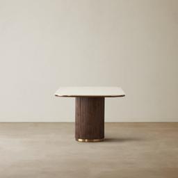 San Pierre Ebony Brown Ash Veneer Two-Leg Rectangular Dining Table with Cream Travertine Finish Sintered Stone Top - 270x120cm