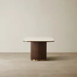 San Pierre Ebony Brown Ash Veneer Single Leg Rectangular Dining Table with Cream Travertine Finish Sintered Stone Top - 200x110cm
