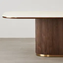 San Pierre Ebony Brown Ash Veneer Single Leg Rectangular Dining Table with Cream Travertine Finish Sintered Stone Top - 200x110cm