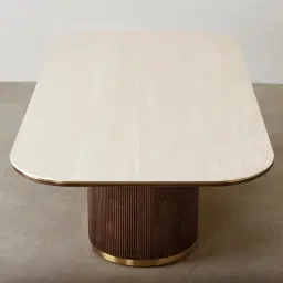 San Pierre Ebony Brown Ash Veneer Single Leg Rectangular Dining Table with Cream Travertine Finish Sintered Stone Top - 200x110cm