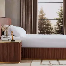 San Pierre Ebony Brown Ash Veneer Bedside Table with Cream Travertine Finish Sintered Stone Top