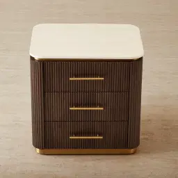 San Pierre Ebony Brown Ash Veneer Bedside Table with Cream Travertine Finish Sintered Stone Top