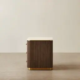 San Pierre Ebony Brown Ash Veneer Bedside Table with Cream Travertine Finish Sintered Stone Top