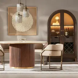 San Pierre Walnut Veneer Round Dining Table with Travertine Finish Sintered Stone Top - 150cm