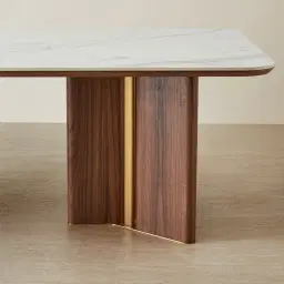 Sir Lionell II Gliding White Sintered Stone Rectangular Dining Table - Walnut Brown Wooden Legs 160x90cm