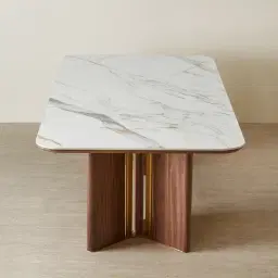 Sir Lionell II Gliding White Sintered Stone Rectangular Dining Table - Walnut Brown Wooden Legs 160x90cm