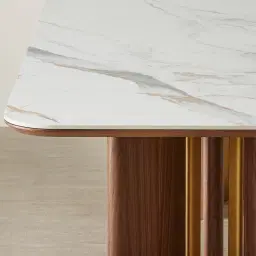 Sir Lionell II Gliding White Sintered Stone Rectangular Dining Table - Walnut Brown Wooden Legs 270x120cm