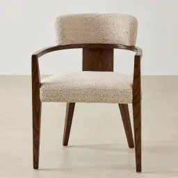 Lila Mid Beige Woven Fabric Dining Chair - Amber Brown Wooden Leg