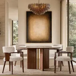 Lila Mid Beige Woven Fabric Dining Chair - Amber Brown Wooden Leg