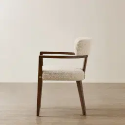 Lila Mid Beige Woven Fabric Dining Chair - Amber Brown Wooden Leg