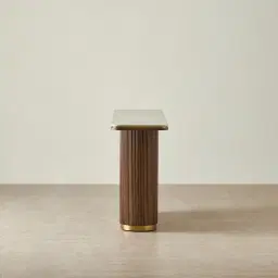 San Pierre Walnut Veneer Single Leg Console Table with Travertine Finish Sintered Stone Top