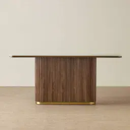 San Pierre Walnut Veneer Single Leg Console Table with Travertine Finish Sintered Stone Top