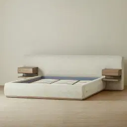 Riviera Isabelline White Fabric King Bed with Medium Brown Ash Veneer
