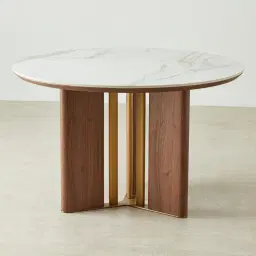 Sir Lionell II Gliding White Sintered Stone Round Dining Table - Walnut Brown Wooden Legs 120cm