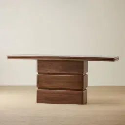 Whimsy Walnut Brown Single Legged Console Table - Taj Mahal Sintered Stone Top