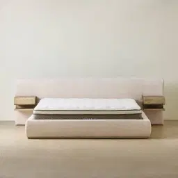 Riviera Powder White Chenille Fabric Queen Bed with Medium Brown Ash Veneer