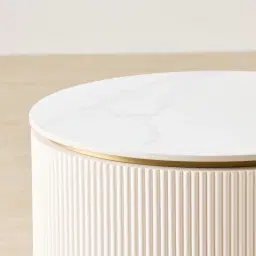 Archie Cream Wooden Oval Bedside Table with White Sintered Stone Top