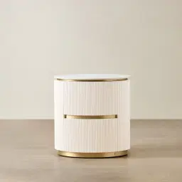 Archie Cream Wooden Oval Bedside Table with White Sintered Stone Top