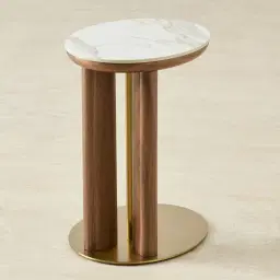 Sir Lionell Gliding White Sintered Stone Side Tray Table - Walnut Brown Wooden Leg