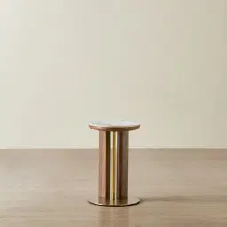 Sir Lionell Gliding White Sintered Stone Side Tray Table - Walnut Brown Wooden Leg