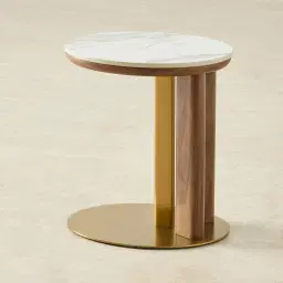 Sir Lionell Gliding White Sintered Stone Side Tray Table - Walnut Brown Wooden Leg