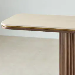 San Pierre Ebony Brown Ash Veneer Single Leg Console Table with Cream Travertine Finish Sintered Stone Top