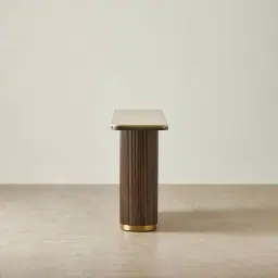San Pierre Ebony Brown Ash Veneer Single Leg Console Table with Cream Travertine Finish Sintered Stone Top