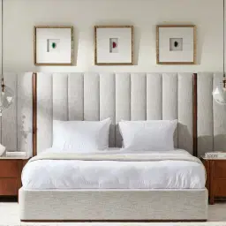 Summerton Pearl Beige Fabric Queen Bed - Toffee Brown Ash