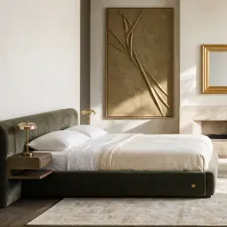 Riviera Green Chenille Fabric Queen Bed with Medium Brown Ash Veneer